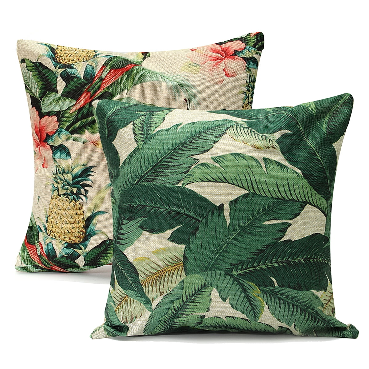 HGOD DESIGNS Pineapple Decorative Throw Pillow Cover Case,Tropical Palm Leaves and Flowers Cotton Linen Outdoor Pillow Cases Square Standard Cushion Covers for Sofa Couch Bed 18x18 inch Gold Green