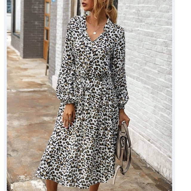 Vestido de manga larga con cuello alto,Vestido Cuello alto de leopardo Vestido de manga larga con botones Vestido de manga larga hasta la rodilla Aspecto llamativo