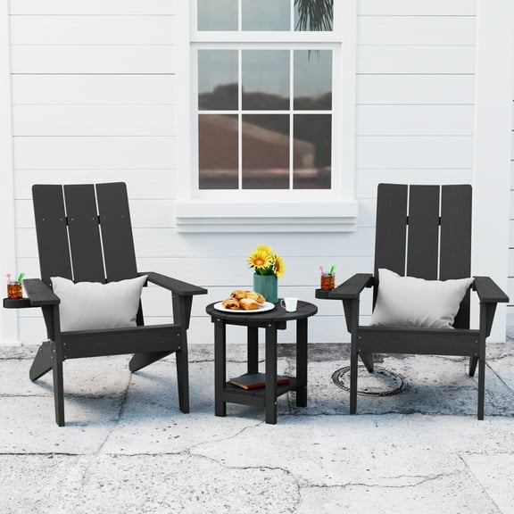 WINSOON Cup-Holder Adirondack Chair and Table Set 3 PCS Outdoor Patio Chairs, Black Finish