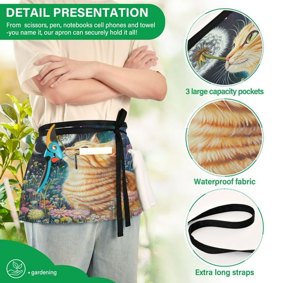 YAZAOO Aprons with Pockets for Server Aprons with 3 Pockets Water Resistant Half Waist Apron Cosmic Cat