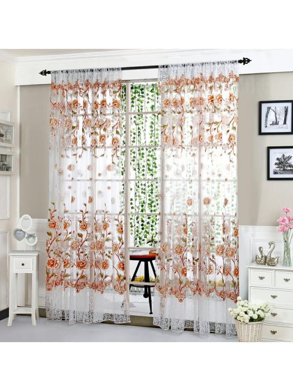 Floral Printed Curtains Sheer Net Tulle Drape Voile Window Door Divider Decors 
