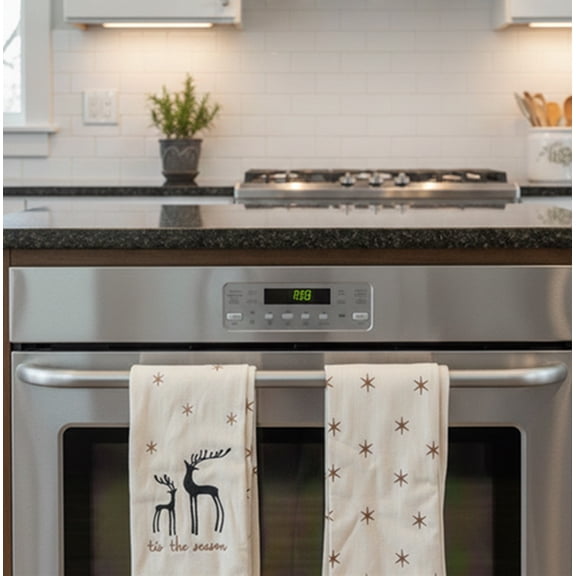 "The Season" Black Deer metallic starry Ivory 2pic Kitchen Towel Cotton 18"x28"