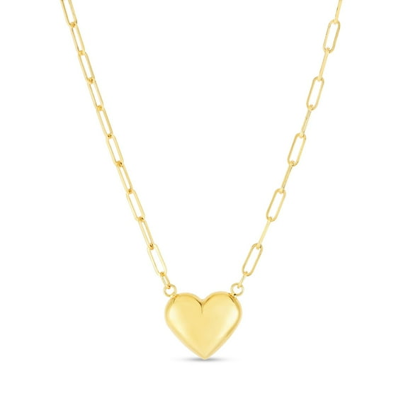 JewelStop 14K Yellow Gold Polished Finish 2.5mm Paperclip Puffed Heart Chain Necklace with Lobster Clasp - 18"