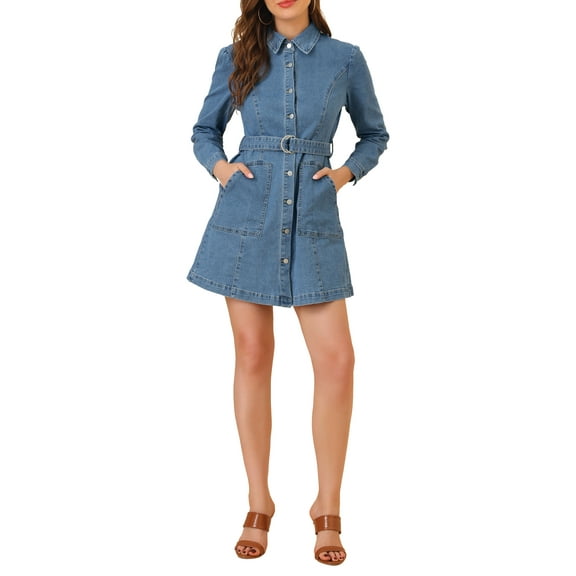 Allegra K Women's Turn Down Collar Puff Long Sleeves Belted Denim Shirt Dress