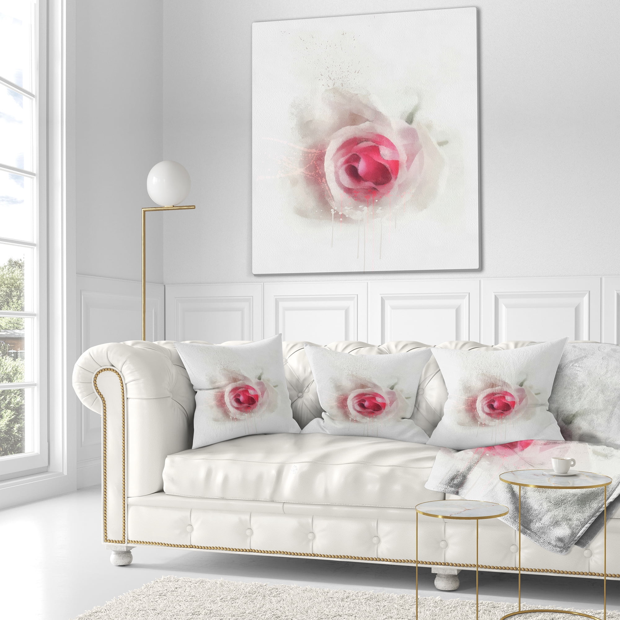 Designart White Rose with Pink Petals - Floral Throw Pillow - 16x16