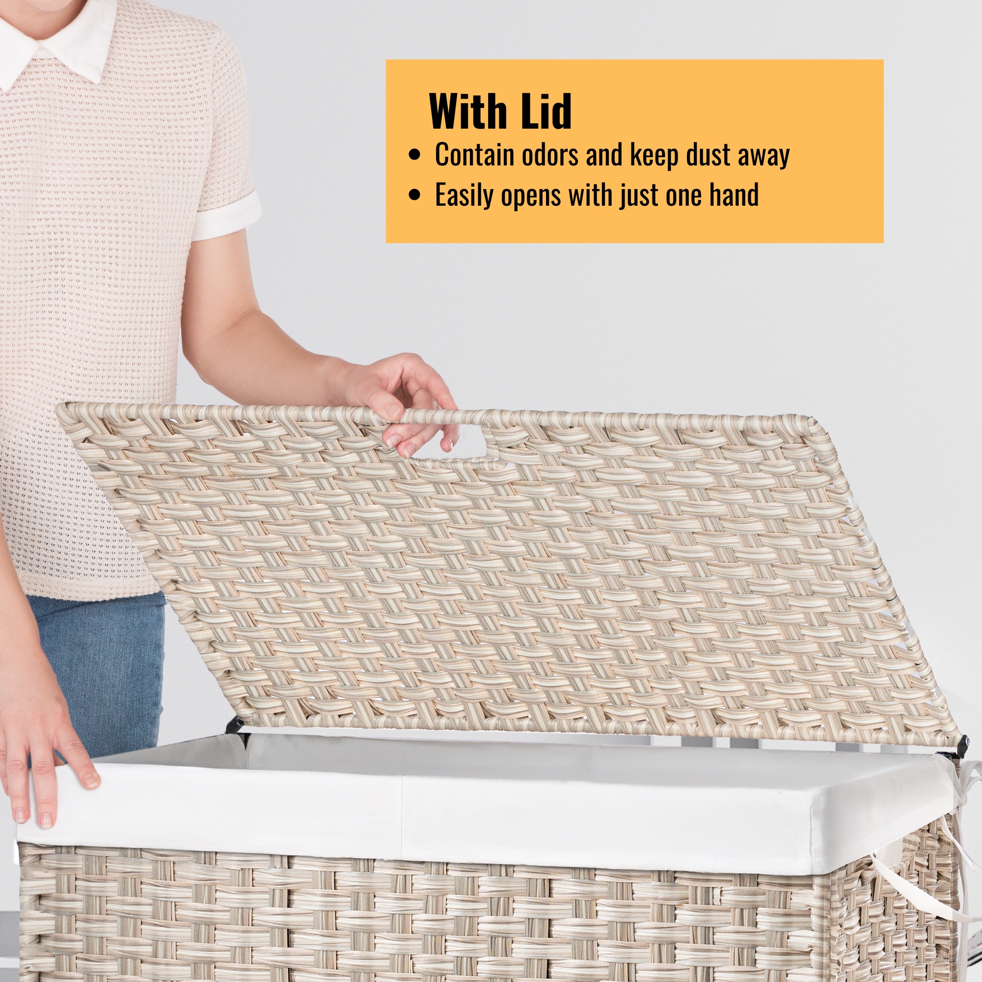 PORKISS Wheeled Laundry Basket with Lid, Laundry Hamper for PE Rattan, Waterproof Square Clothes Hamper with Removable Bags for Dorm Clothes Toy Storage, 42.26 Gal. Light Gray
