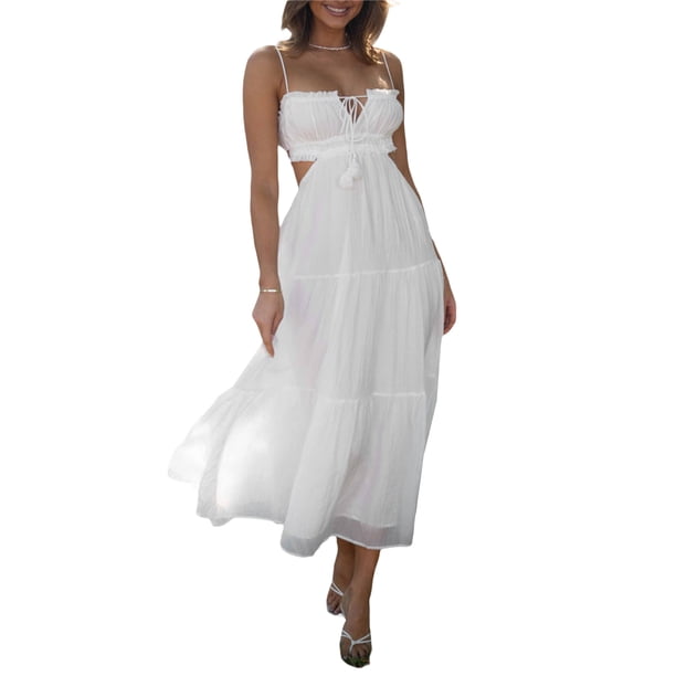 Lucakuins, vestido largo informal de verano para mujer, vestido sin mangas con lazo de Color sólido y espalda descubierta, vestido de fiesta a la moda con tirantes Lucakuins moda