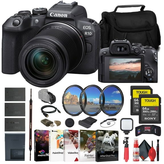 Canon EOS R10 Mirrorless Camera with 18-150mm Lens 5331C016 2 x Sony 64GB TOUGH SD Card Filter Kit Wide Angle Lens Telephoto Lens Color Filter Kit Lens Hood Bag Charger International Model
