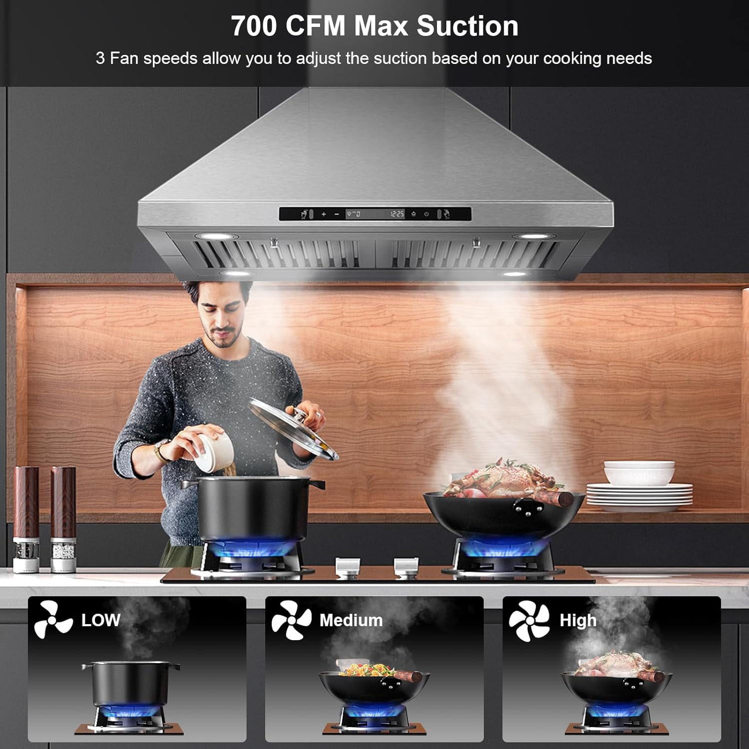 30 inch Island Range Hood 700 CFM Ceiling Mount Kitchen Vent Hood with Gesture/Touch Control, 3-Speed Fan & 4 LED Lights, Convertible Ductless/Duct, Stainless Steel Baffle Filters,Time Setting