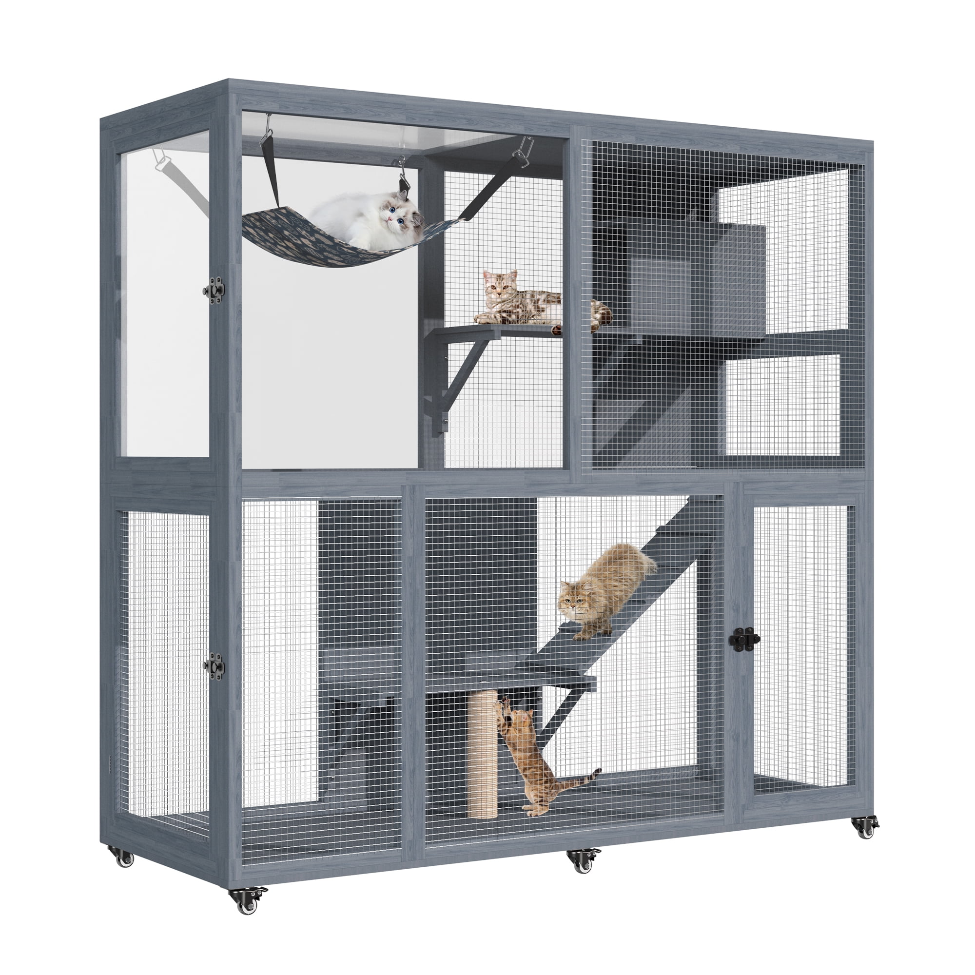 Haverchair 4-Tier Catio Cat Enclosure Outdoor, Portable Cat House Cage for Multiple Cats Indoor, Wood Kitty Condo w/Waterproof Roof Wheels Platforms Hammock Scratching Post for Sunbathing Playing