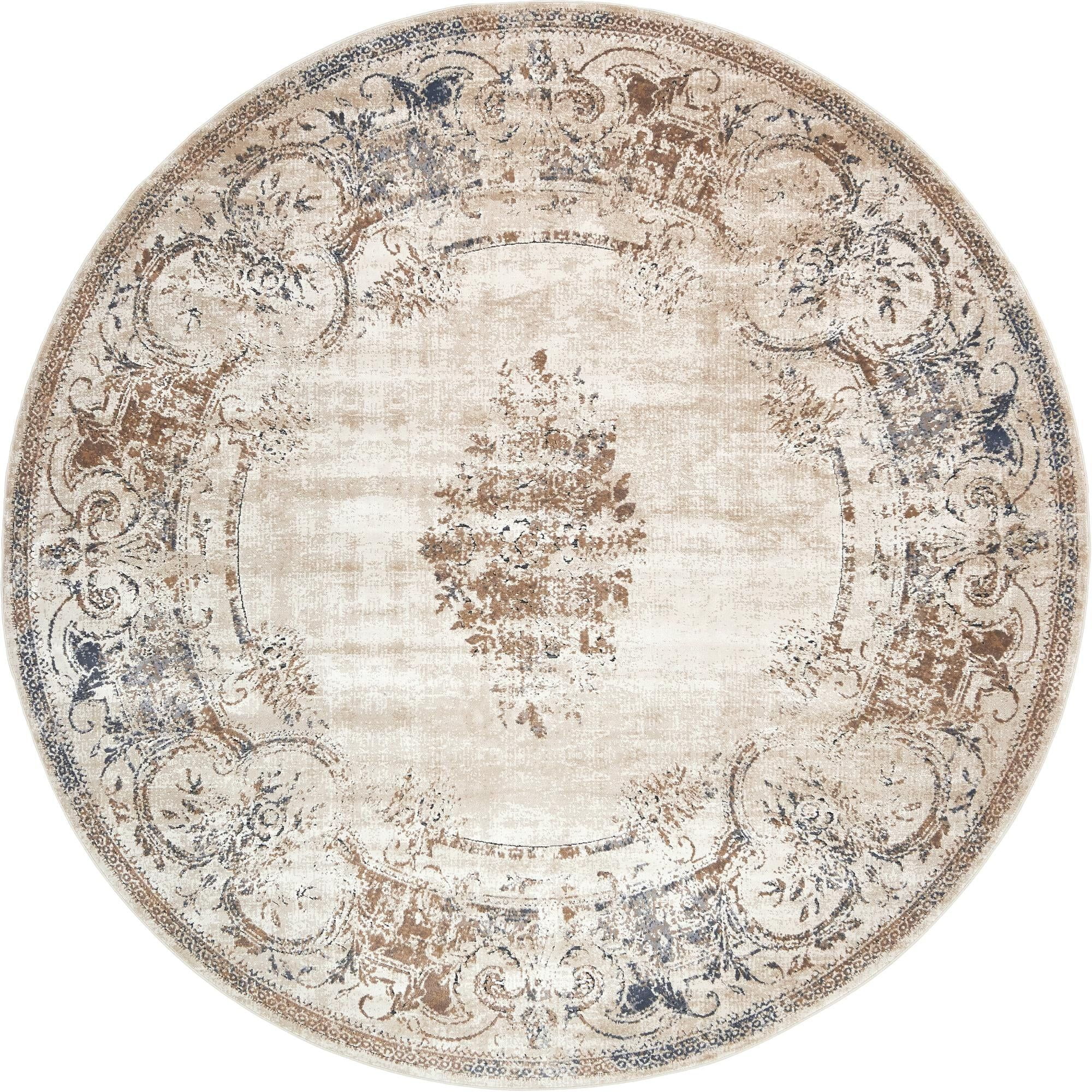 Unique Loom Indoor Round Distressed Vintage Area Rugs Beige/Blue, 8' 0