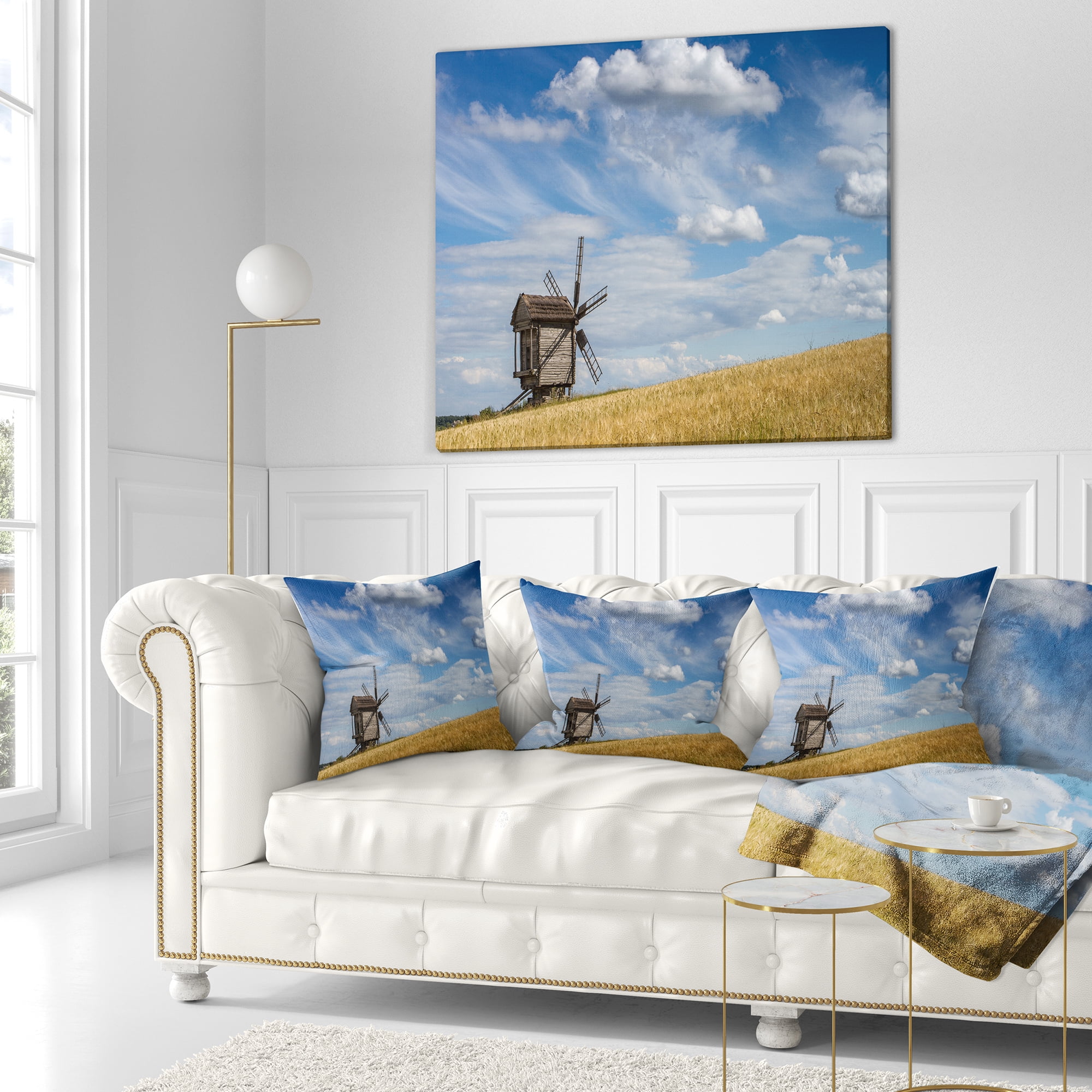 Designart Cloudy Sky and Windmill Summer day - Landscape Printed Throw Pillow - 18x18