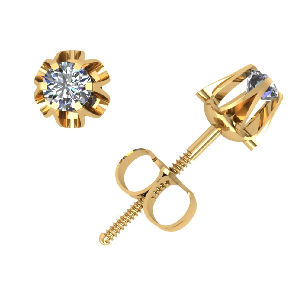 Real 0.20Ctw Round Diamond Buttercup Stud Earrings 14k Yellow Gold