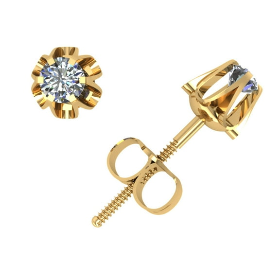 Real 0.20Ctw Round Diamond Buttercup Stud Earrings 14k Yellow Gold 6Prong K I2