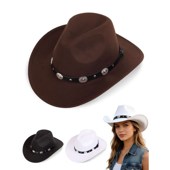 Gustave Western Cowboy Hat for Women Men, Unisex Vintage Wide Brim Felt Fedora Hat with Belt Buckle for Cowgirls Cowboys - Coffee