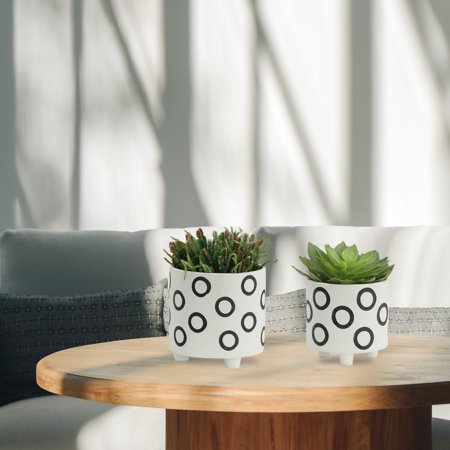MMTX S/2 FOOTED PLANTER W/ CIRCLES 6/8", IVORY