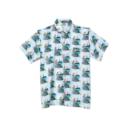 Printed Camp Shirt - what on earth men's mermaid print camp shirt - short sleeve button down - blue