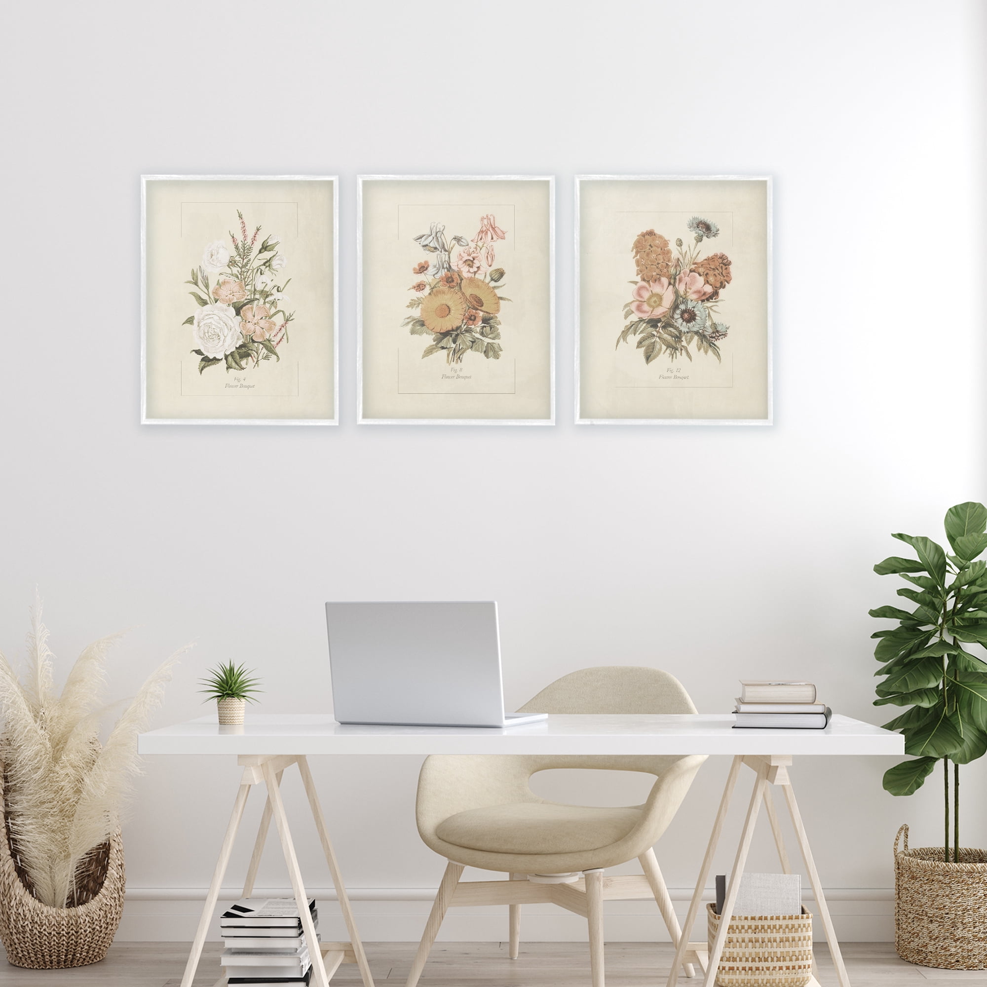 Stupell Industries Neutral Bouquet Studies 3 Piece White Framed Giclee Art Set, design by Dan Meneely