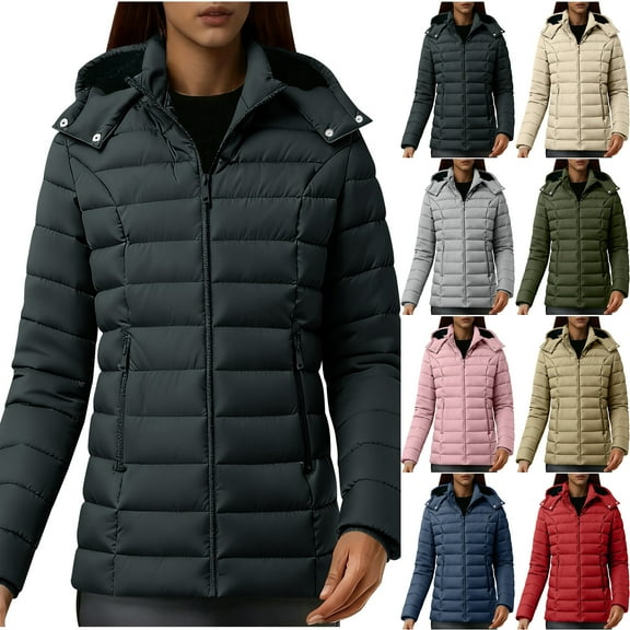 Otntypg Women's Quilted Down Coat Lightweight Casual Full Zip up Waterproof Warm Thicken Warm Flannel Lined with Detachable Hood Windproof Winter Puffer Jacket with Pockets Khaki XL