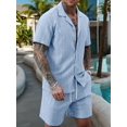 thumbnail image 4 of Men'S Camp Collar Jacquard Button Up Shirt and Drawstring Shorts Two Piece Outfit Light Blue L, 4 of 9
