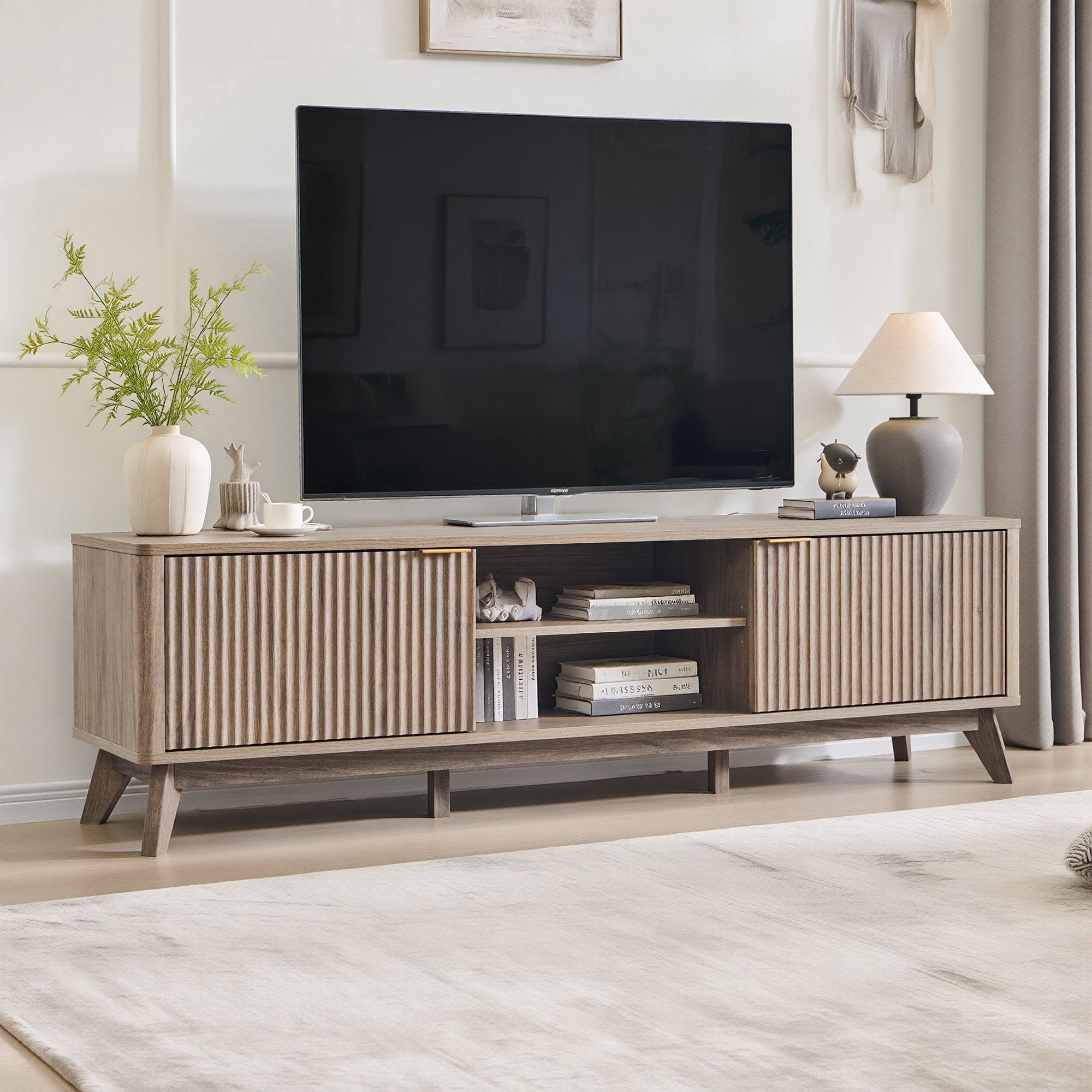 OKD 70" Modern Farmhouse TV Stand with 2 Soft Close Door, Fluted Entertainment Center Console Table, Media Furniture for Living Room, Alder Grey