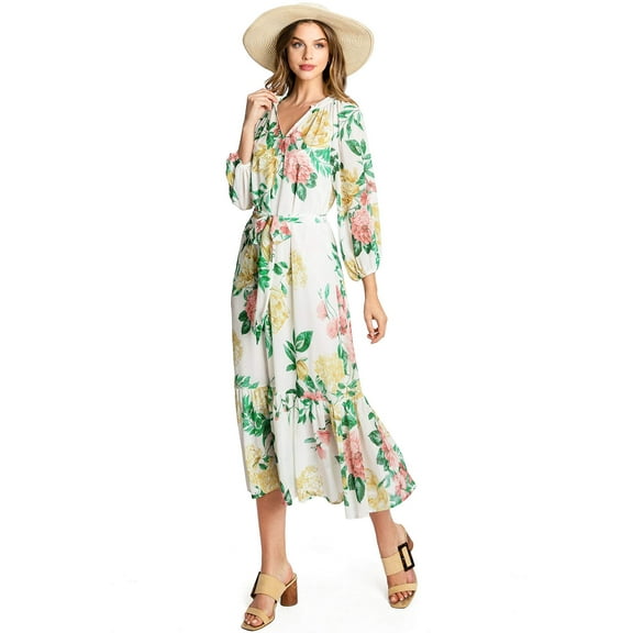 Flying Tomato Women's Floral Elegant Chiffon Midi Dress (Ivory, Small)