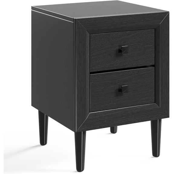 QRKD Black Nightstand, Fully-Assembled 2-Drawer Bedside Tables with Solid Wood Legs for Bedroom, Modern Night Stand Side Table for Small Space Living Room