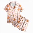 thumbnail image 4 of Futezty Toddler Halloween Pajamas Kids Pumpkin Ghost Print Satin Pajama Set Short Sleeve Button Down Sleepwear with Shorts Set Little Girl Clothes 3T-13T, 4 of 5
