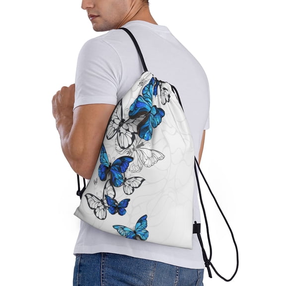 Ratiio Blue Flying Butterflies Print Drawstring Backpack Bag Sport Gym Sackpack Heavy Duty String Backpack for Men Women