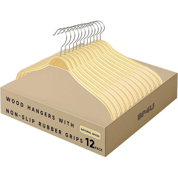 BP4U 12-Pack Wooden Clothes Hangers with Non-Slip Rubber Strips, Lightweight Slim Birch Wood Shirt Top Hangers for Dress, Sweaters, Jackets, and Camisoles(Natural Wood)