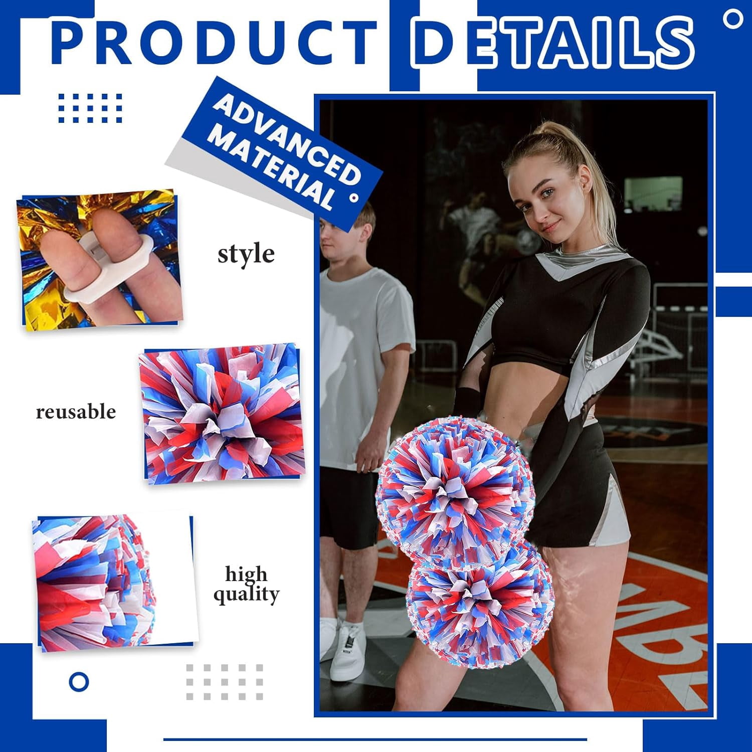 Cheerleader Pom Poms 12 Pack Sports Dance Cheering Plastic Metallic Cheerleading Pom Poms for Kids Adults-Ring Style