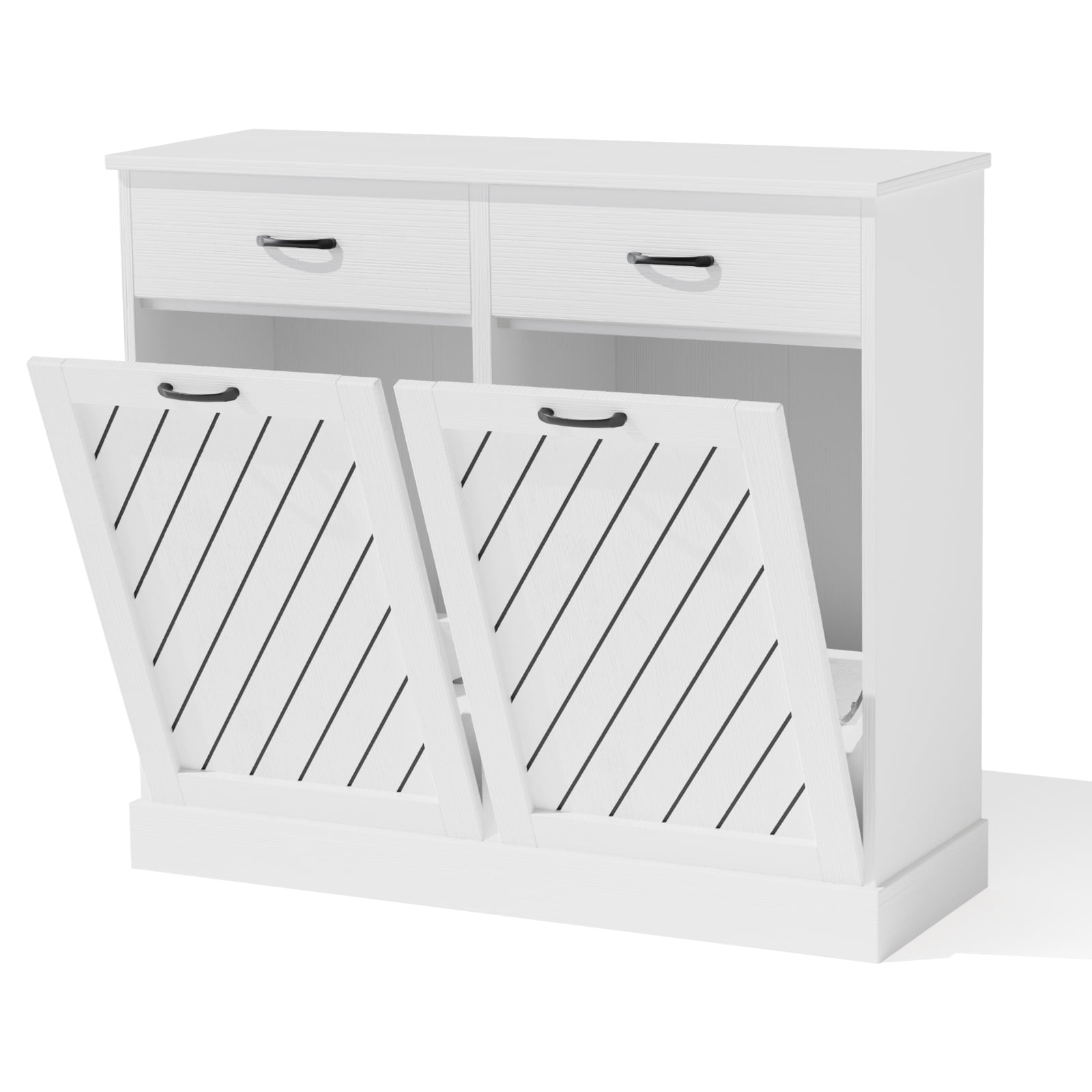 Double Tilt-Out 2x15 Gallons Hidden Garbage Trash Can Cabinet, Hidden Kitchen Trash Cabinet with Storage Drawer, Pet-Proof Wooden Garbage & Recycling Cabinet for Kitchen, Laundry & Living Room, White