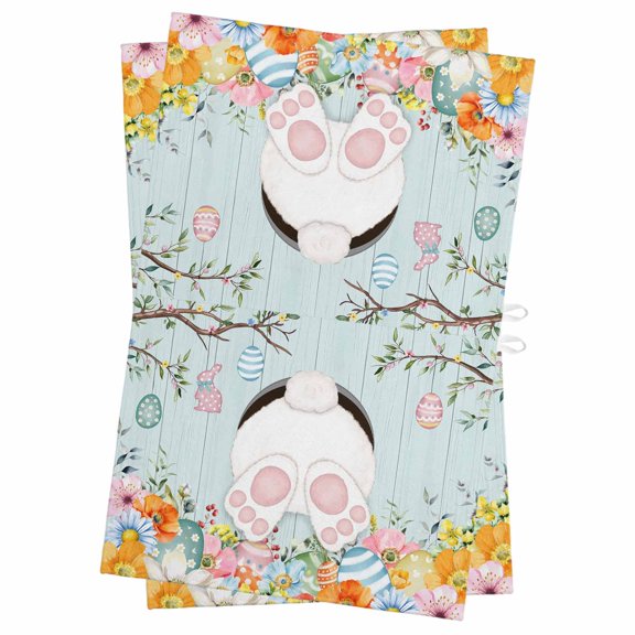 Easter Bunny Kitchen Towels Set of 2, Water Absorbent Dish Towel, Easter Eggs Spring Farmhouse Wood Grain Teal Blue Decorative Hand Towels - Quick Drying Cloth for Cooking Baking, 18x28 Inch