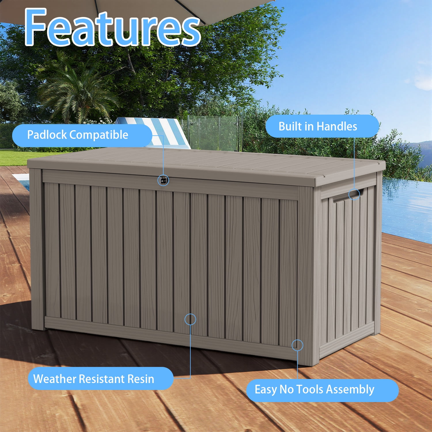MAYEERTY 180 Gallon Outdoor Deck Box, Large Capacity Storage Box for Patio Furniture Cushions, Pillow Outdoor Indoor, Light Brown