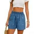 thumbnail image 6 of LWavelet Women Denim Shorts Elastic Waist Bow Embroidery Casual Summer Blue S, 6 of 7