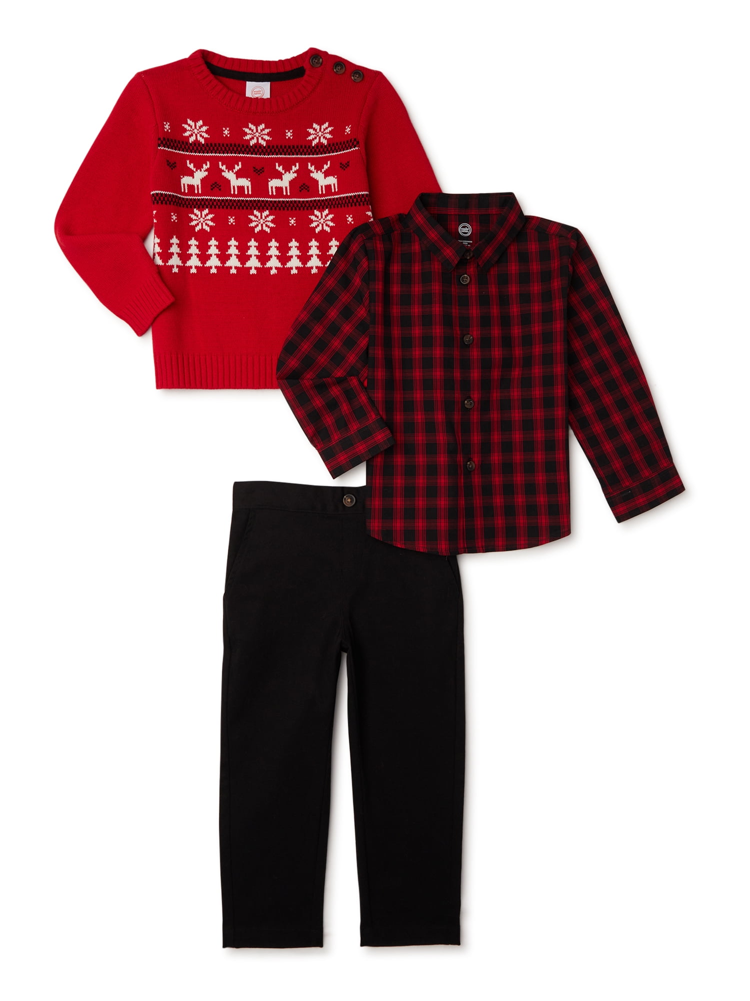 Wonder Nation Baby Boy & Toddler Boy Holiday Sweater, Button-Up Shirt, and Pants Dressy Outfit Set, 3-Piece, 0/3M-5T