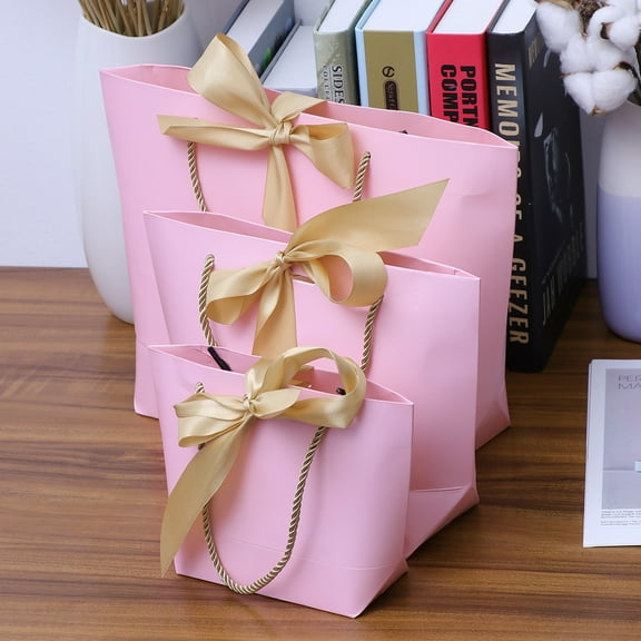 LABRIMP 3Pcs Pink Paper Bags for Shop Display Reusable and Eco Friendly 14.6 x 5.5 x 9.8in