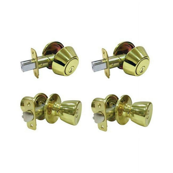 Faultless 5002062 Tulip Polished Brass Metal Entry Knob & Single Cylinder Deadbolt - 3 Grade Right Handed