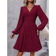 thumbnail image 2 of Women V-Neck Dot Jacquard Spring And Autumn Long-Sleeved A-Shaped Waist Puff Sleeve Dress, 2 of 5