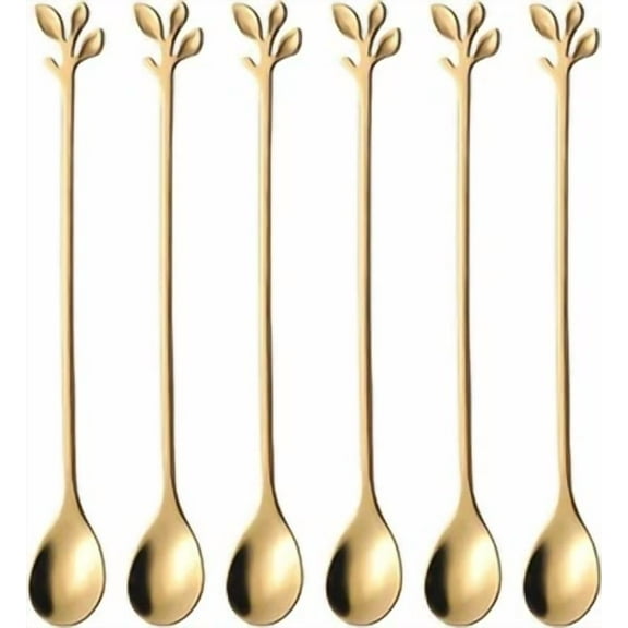 7.4" Elegant Leaf-Design Gold Coffee & Tea Spoons - Long Handle Stainless Steel
