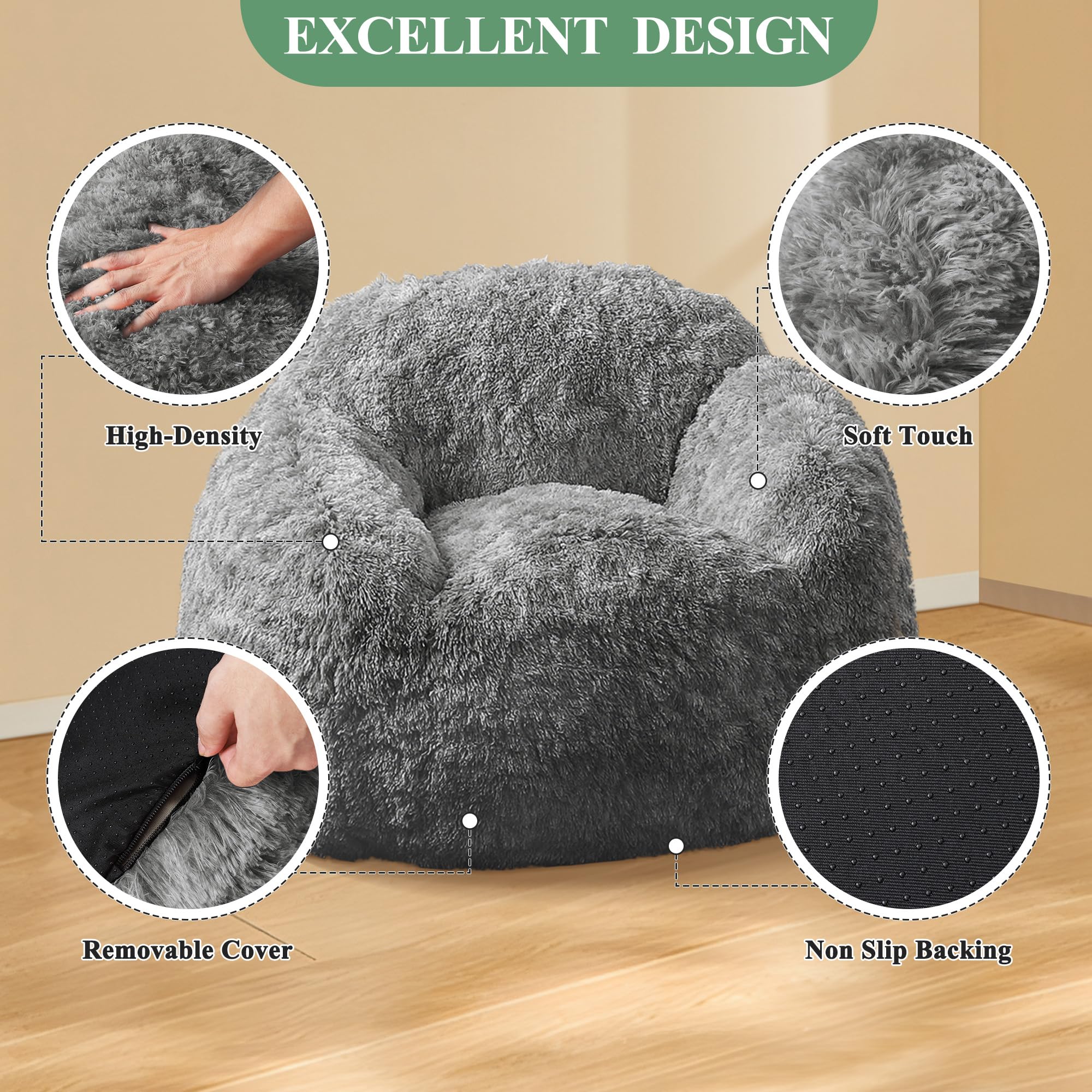 BouPower Bean Bag Chair for Adults, Plush Fluffy Faux Fur Sofa, Premium High-Density Sponge Filler Ergonomic Backrest & Armrests, Removable Washable Cover Comfy Lazy Chair for Bedroom Living Room