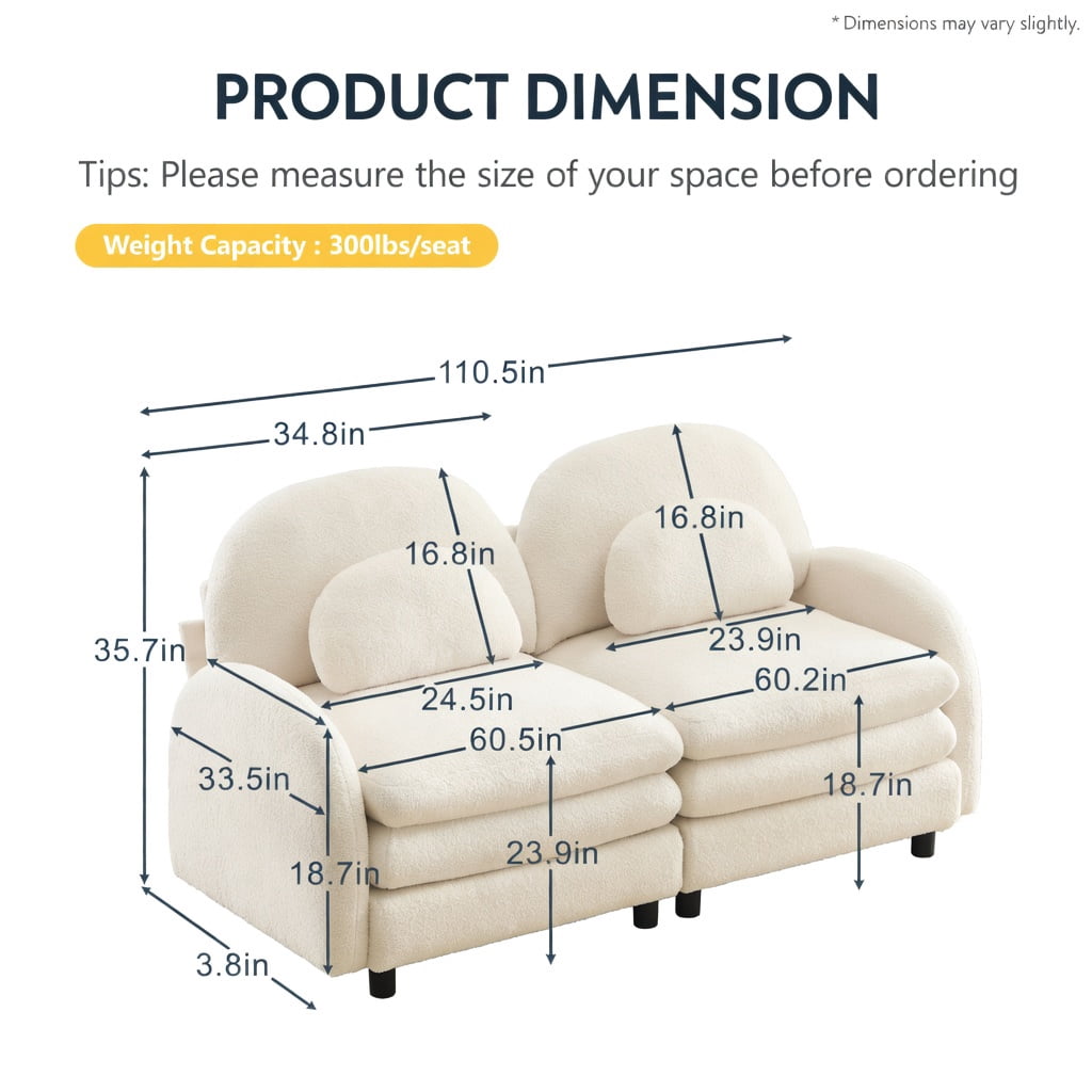 Hommoo Teddy Fleece Modular Loveseat Sofa, 2-Seater Cloud-Like Comfort Couch with Curved Backrest, Lumbar Pillows & Double-Layer Cushions, Beige
