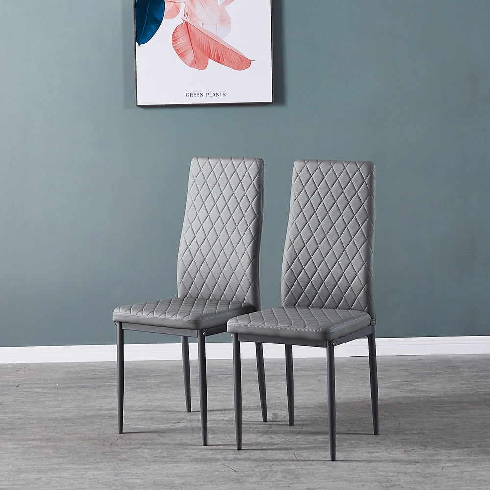 Lowestbest 4Pcs Modern Leather Dining Chairs, Chairs with Cushion High Back Metal Legs, Side Chairs for Kitchen Living Room Bedroom Furniture, Grey