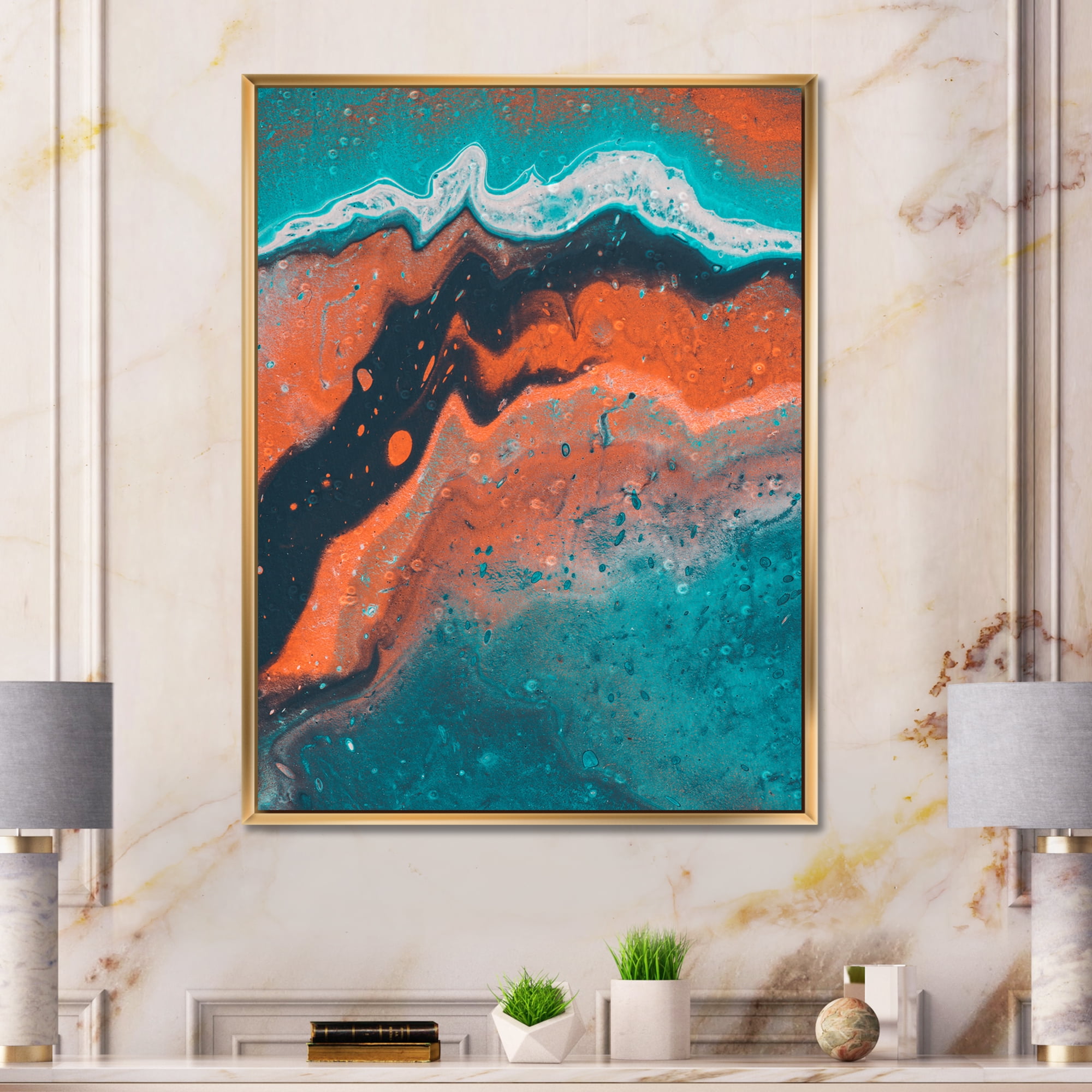 Designart 'Abstract Marble Composition In Orange and Blue VI' Modern Framed Canvas Wall Art Print