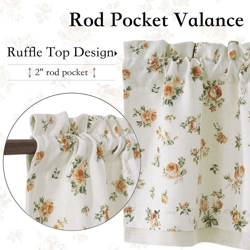 NICETOWN Floral kitchen valances for windows, Double Layer Linen Valance Curtains Rod Pocket Farmhouse Semi Sheer Light Filtering Linen Curtains for Bedroom Living Room, Yellow, 52"x18", 1 Panel