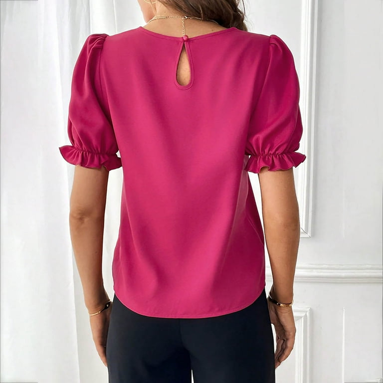 Puff Short Sleeve Tops for Women Summer Crew Neck Shirt Fashion