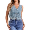 thumbnail image 1 of CHALCO CHIC Chaleco de Mezclilla para Mujeres Y2K Cuello en V Sin Mangas Botón Frontal Chaleco Corto S Gris Azul, 1 of 6