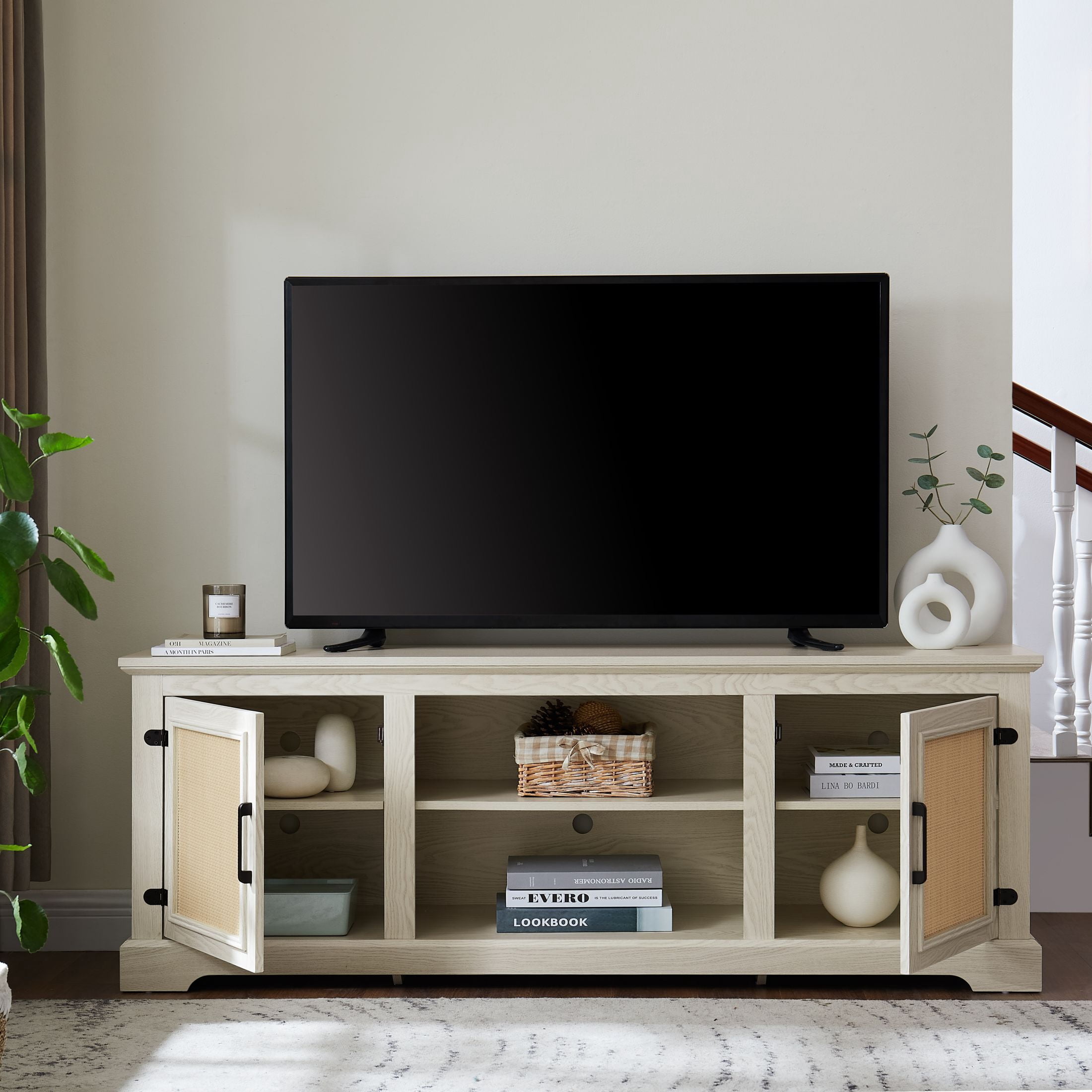 DEALTOPS Farmhouse TV Stand with Rattan Doors and Adjustable Shelves for TVs Up to 70'', Antique White