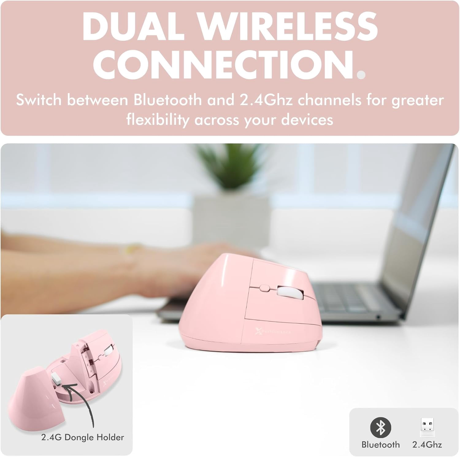X9 Performance Wireless Vertical Ergonomic Mouse - (BT + 2.4Ghz) - Click in Comfort - Up to 4000 DPI, 6 Button, Rechargeable - Bluetooth Ergonomic Vertical Mouse Wireless - For Mac and PC - Pink