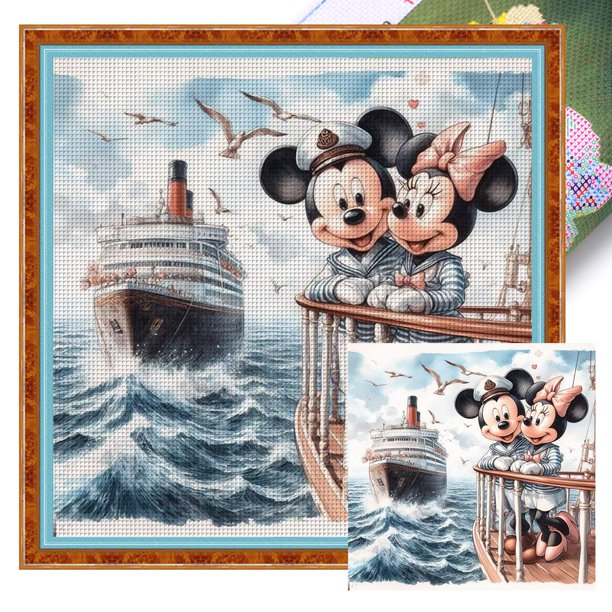 Mickey Minnie Bordado Hilo Algodón 11CT Impreso Punto Cruz 40x40cm